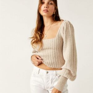 Free‎ People Beige Ribbed Knit Puff Sleeve Crop Sweater Women’s XL